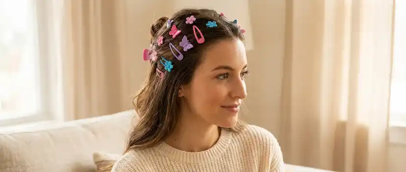 Nostalgic 90s hairstyle with colorful snap clips