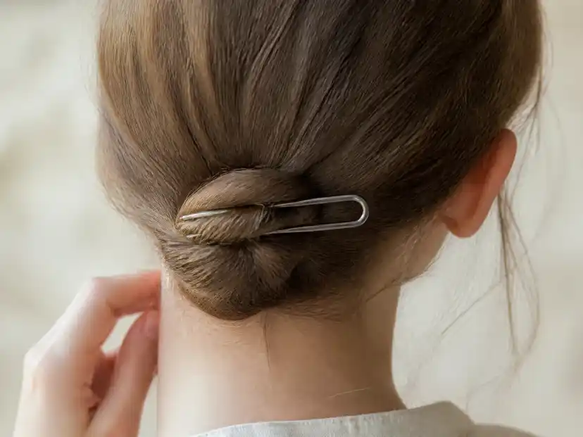 A slim hematite French hair pin holding a small flat low bun of fine light brown hair, daylight showing through the wispy strands