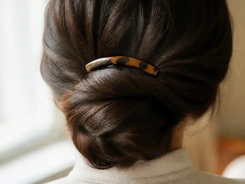 A long tortoiseshell acetate French hair pin seated flat against a dense low chignon of thick dark brown hair, both prongs buried so only the top bar shows