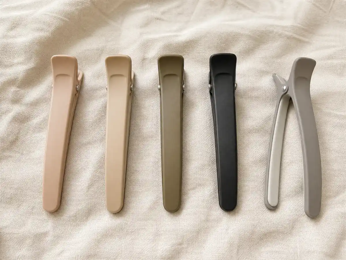 Five no-crease duckbill sectioning clips laid in a row on cream linen in nude, beige, khaki, black and warm grey, the clip at the right end propped open to show its smooth flat jaw