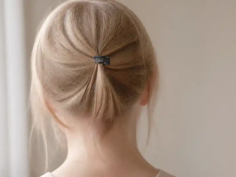 A small matte charcoal sectioning clip holding a slim twisted section of fine ash-blonde hair at the back of the head, photographed from behind in soft window light