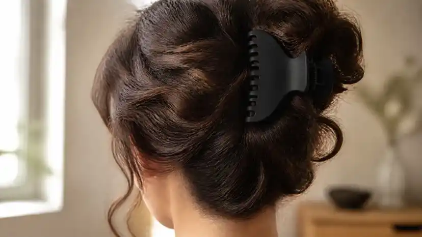 A wide black toothed clip holding a thick, dark brown section of hair twisted up at the back of the head, photographed from behind in soft window light