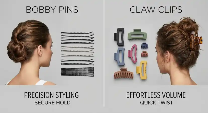 Bobby pins and claw clips comparison for hair styling