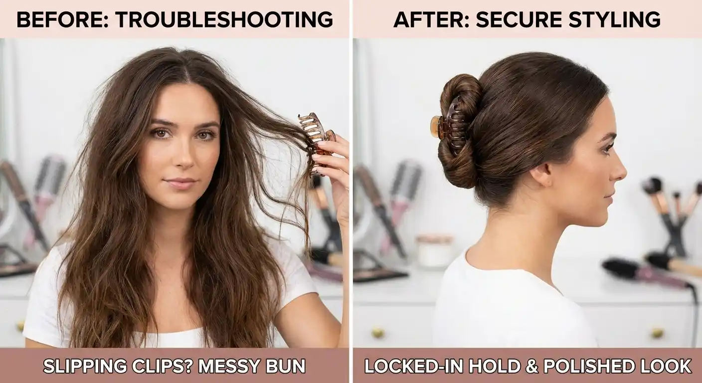 Before and after comparison of secure claw clip styling