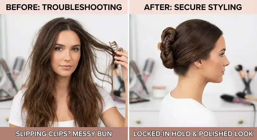 Before and after comparison of secure claw clip styling