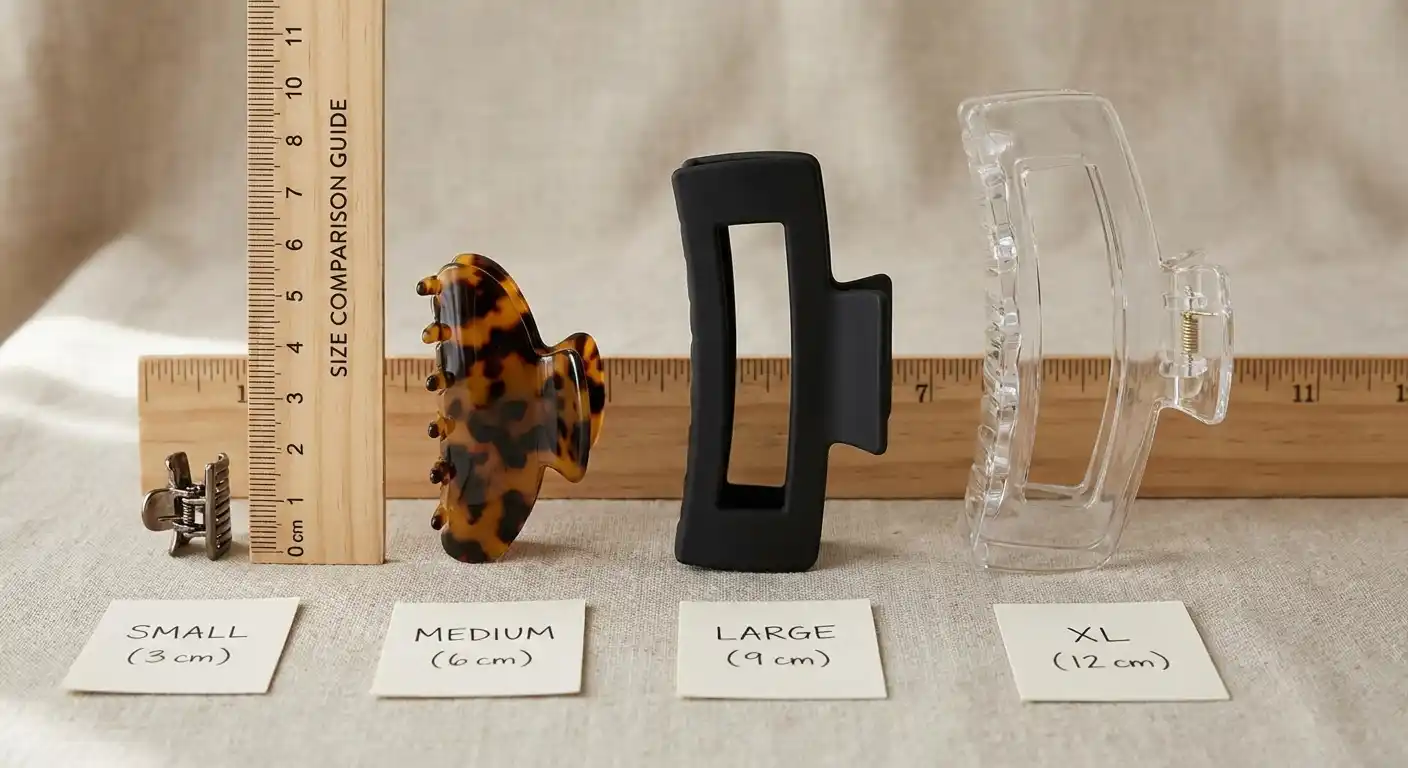 Various claw clip sizes arranged from mini to jumbo for comparison