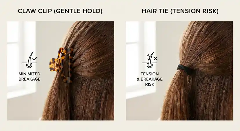 Side by side comparison of claw clip and hair tie with hair health indicators
