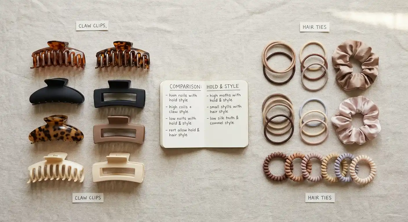 Claw clip and hair ties side by side for comparison