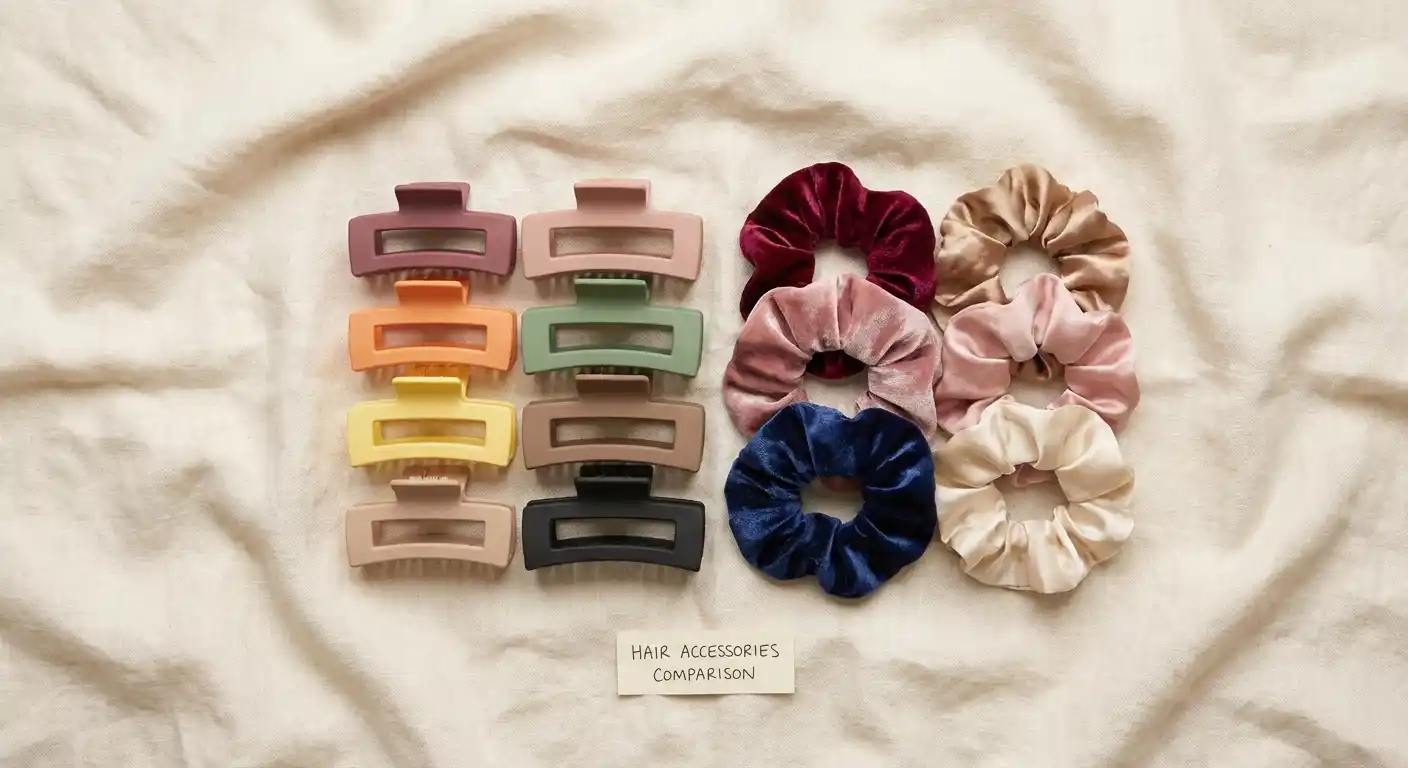 Claw clip and silk scrunchies displayed together for comparison