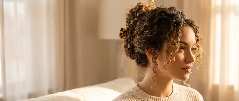 Woman with curly hair wearing a stylish claw clip