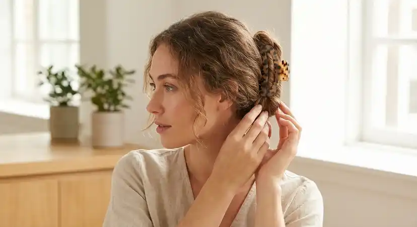 Woman gently securing hair with a claw clip using proper low-tension technique