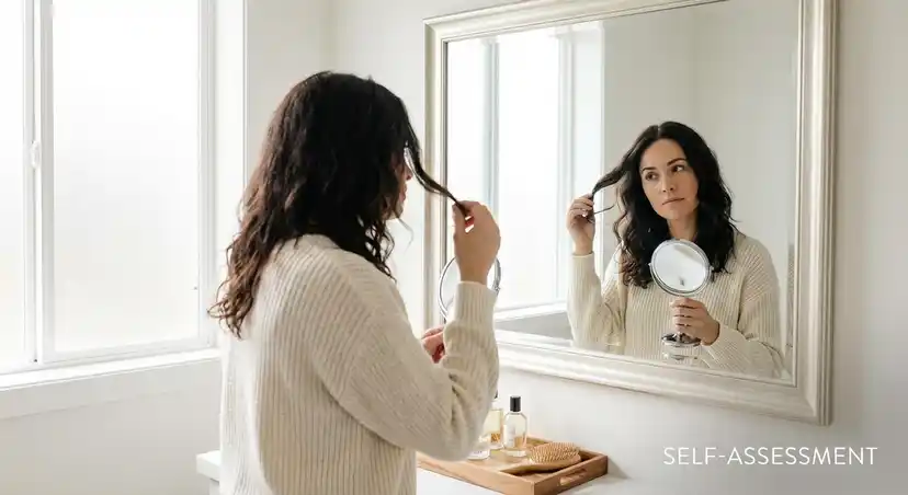 Woman examining her hair for signs of damage