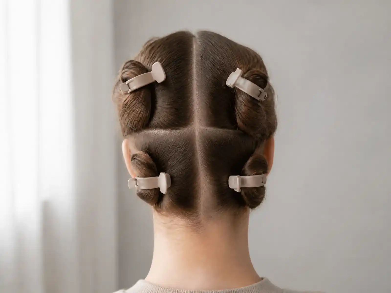 The back of a head with mid-brown hair divided into four quadrants by a centre part and a horizontal ear-to-ear part, each section twisted and held with a matte beige sectioning clip