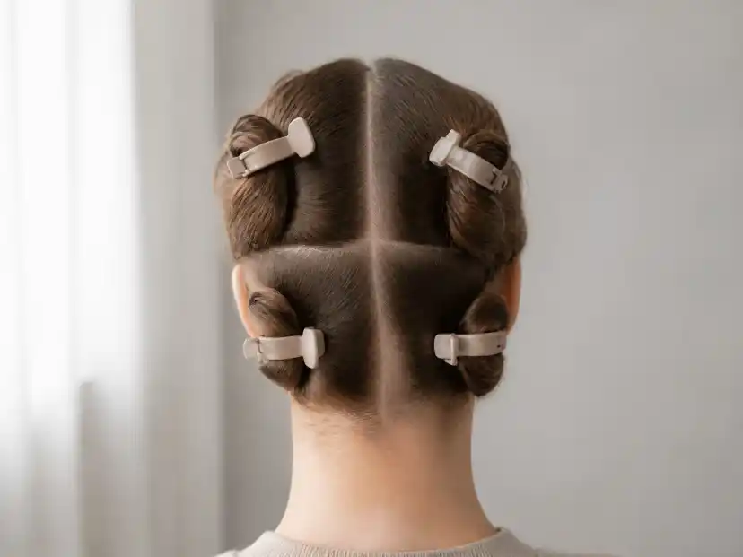 The back of a head with mid-brown hair divided into four quadrants by a centre part and a horizontal ear-to-ear part, each section twisted and held with a matte beige sectioning clip