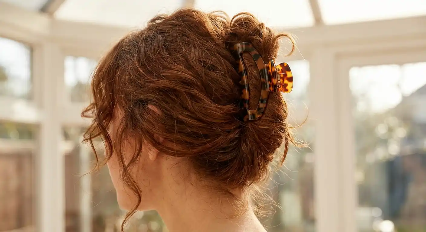 Large jumbo claw clip holding thick voluminous hair in an updo