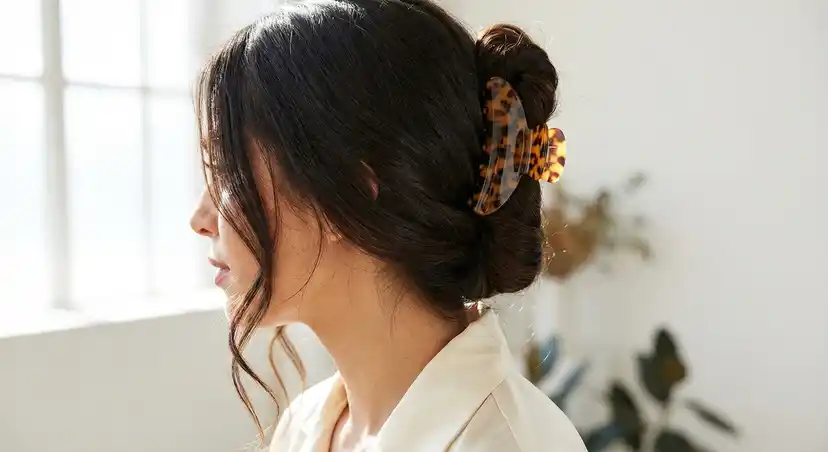 Woman with long flowing hair secured in an elegant claw clip updo