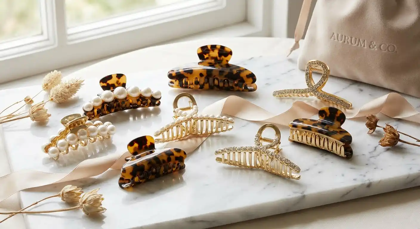 Premium claw clips from Emi Jay, Machete, and Teleties displayed together