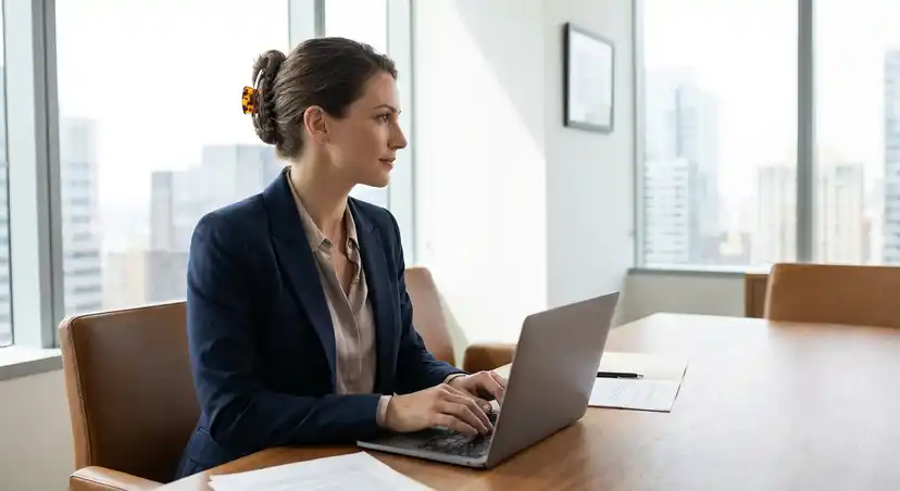 Elegant professional woman with claw clip updo in office setting