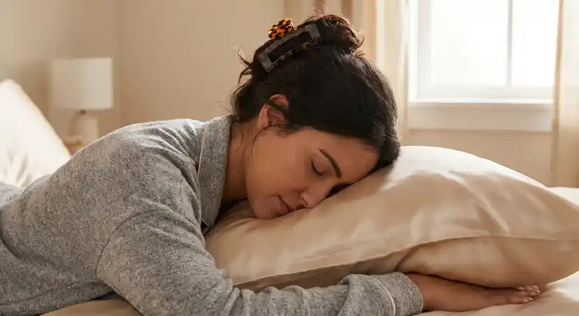 Woman with comfortable overnight claw clip hairstyle on silk pillowcase