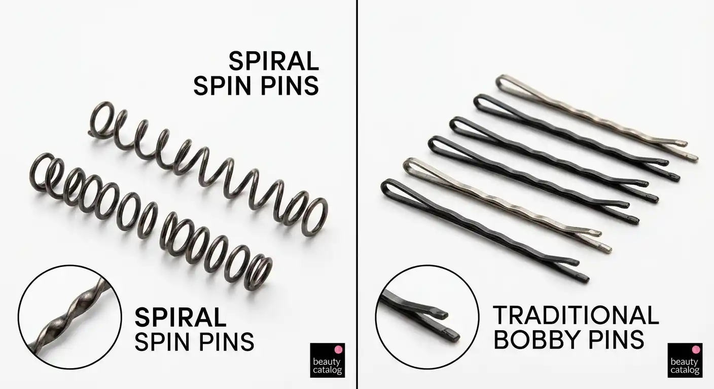 Spin pins and bobby pins comparison for hair styling