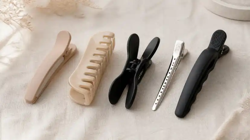 Five sectioning clips laid in a row on cream linen: a matte nude duckbill clip, a wide-tooth beige alligator clip, a black butterfly clamp, a perforated silver metal duck-bill clip and a long black rubberized crocodile clip