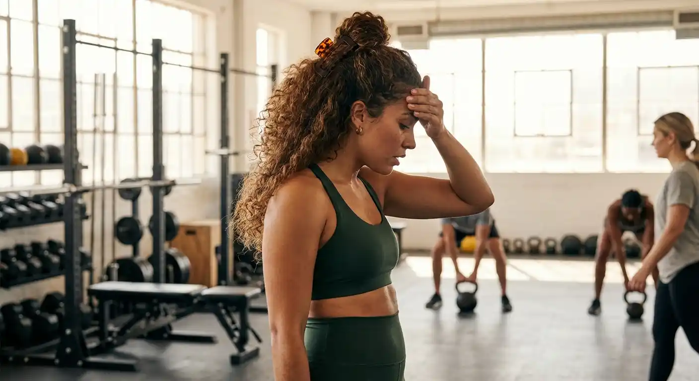 Woman with thick hair secured with large claw clip during gym workout
