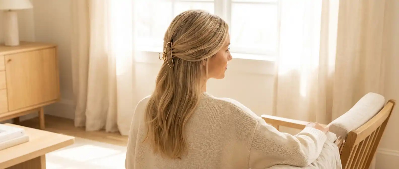 Stylish woman wearing a modern claw clip in thin hair