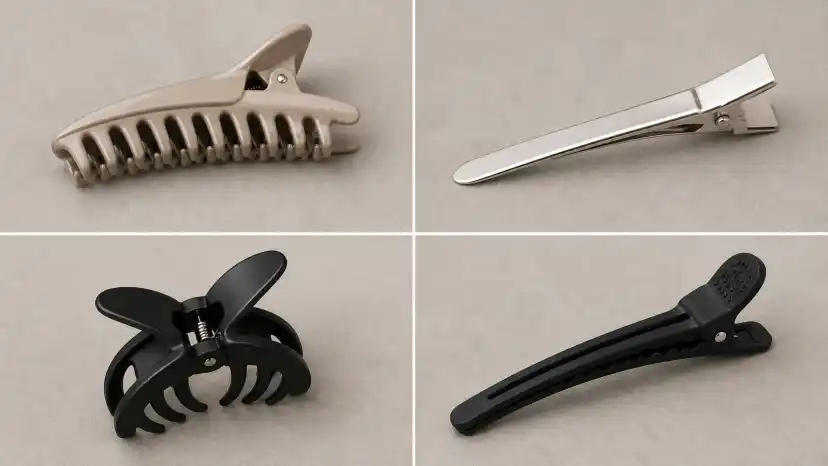 Four sectioning clips shown in a four-quadrant grid on grey paper: a beige wide-tooth alligator clip, a slim silver metal duck-bill clip, a black butterfly clamp with inner claws and a long black rubberized crocodile clip