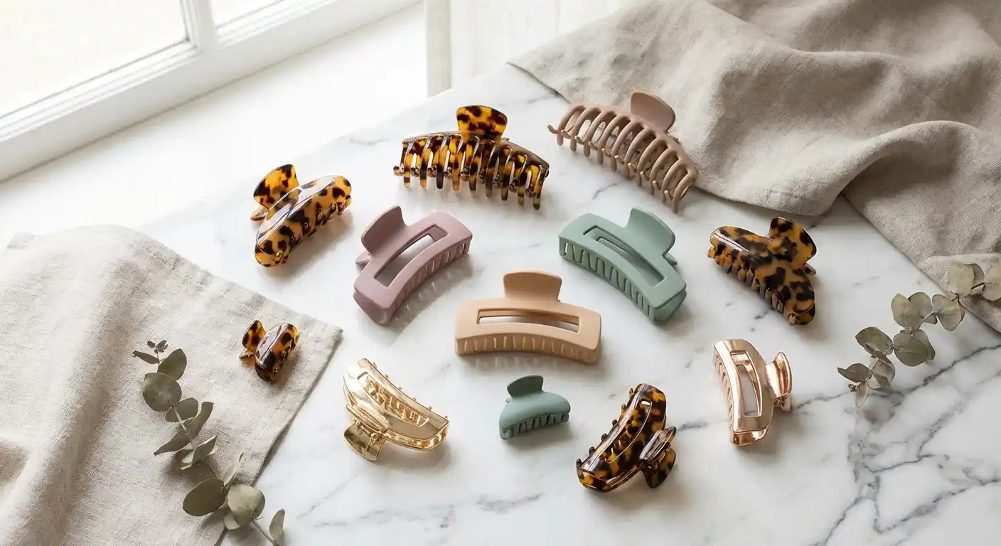 Collection of various claw clips in different sizes, materials, and colors arranged aesthetically