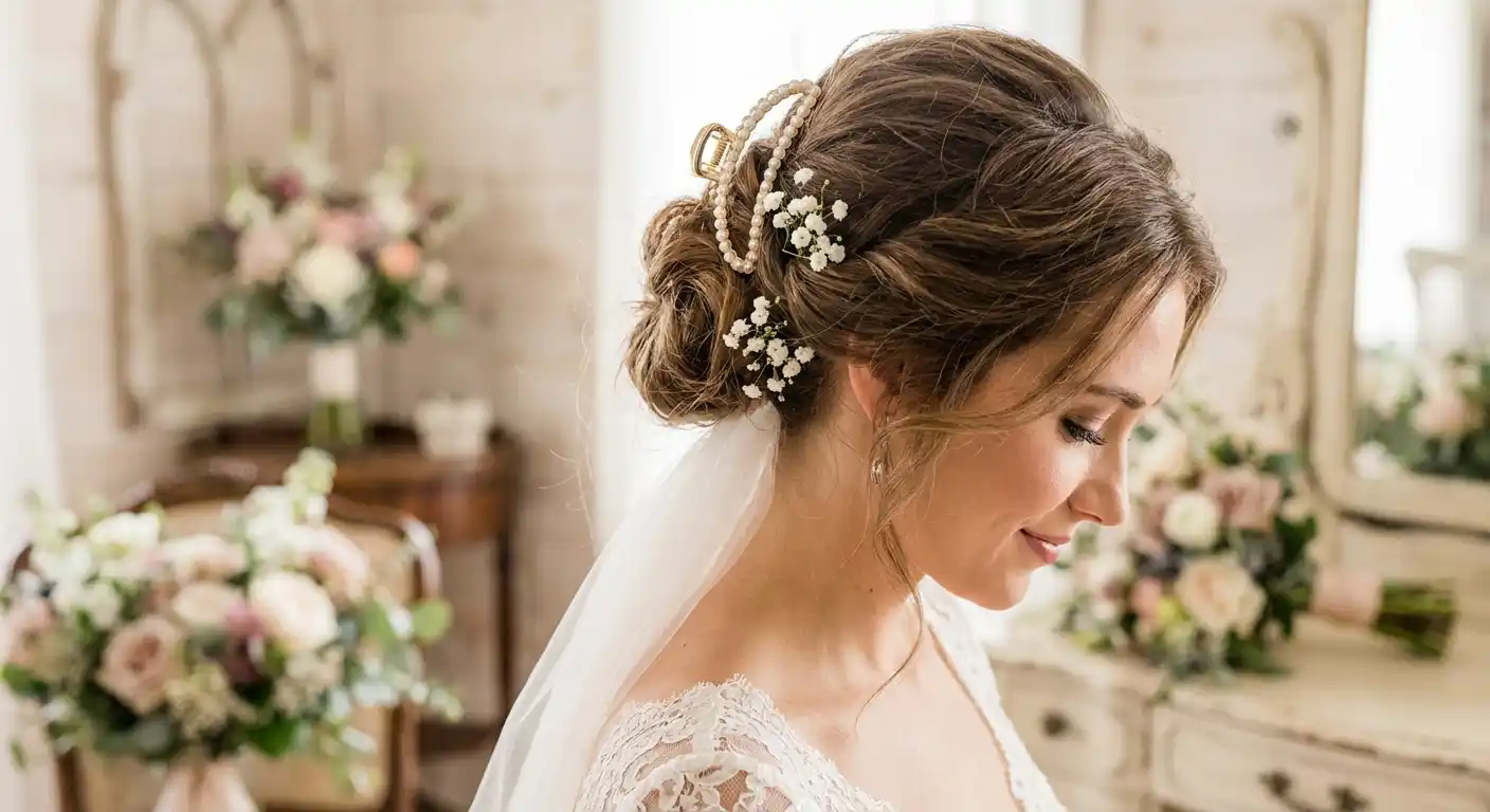 Bride with elegant claw clip updo featuring pearl-accented clip
