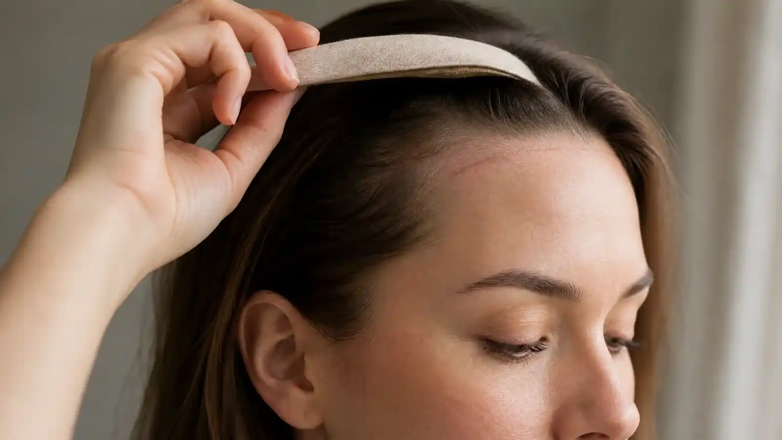 A hand lifting a narrow fabric headband away from the temple, showing the faint pressure line it left across the hairline