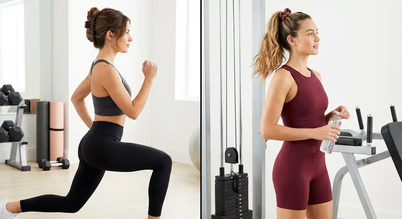 Split comparison of claw clip and scrunchie for workout hairstyles