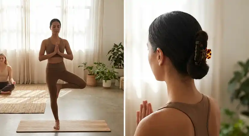 Woman in yoga pose with flat claw clip hairstyle