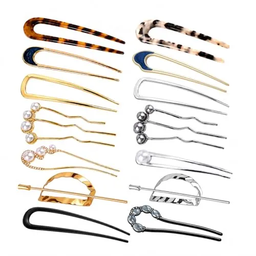yomishine French Hair Pins, Pearl & Metal Mixed Set (14 Pack)